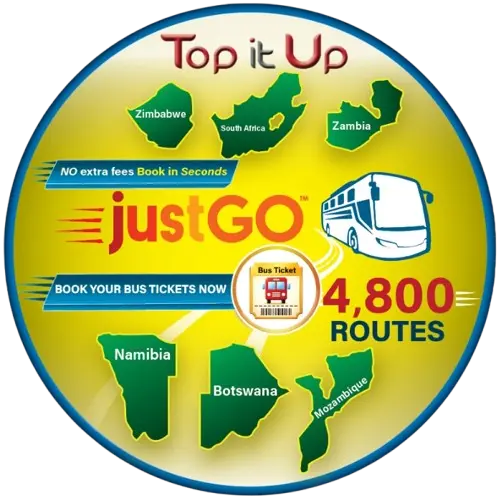 Top it Up justGO bus ticket badge showing 4,800 routes across South Africa and neighbouring countries